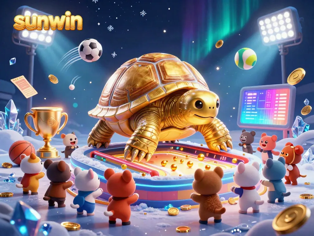 Experience thrilling gaming at sunwin with a vibrant scene of a golden tortoise pinball machine, gold coins, and dynamic sports balls.