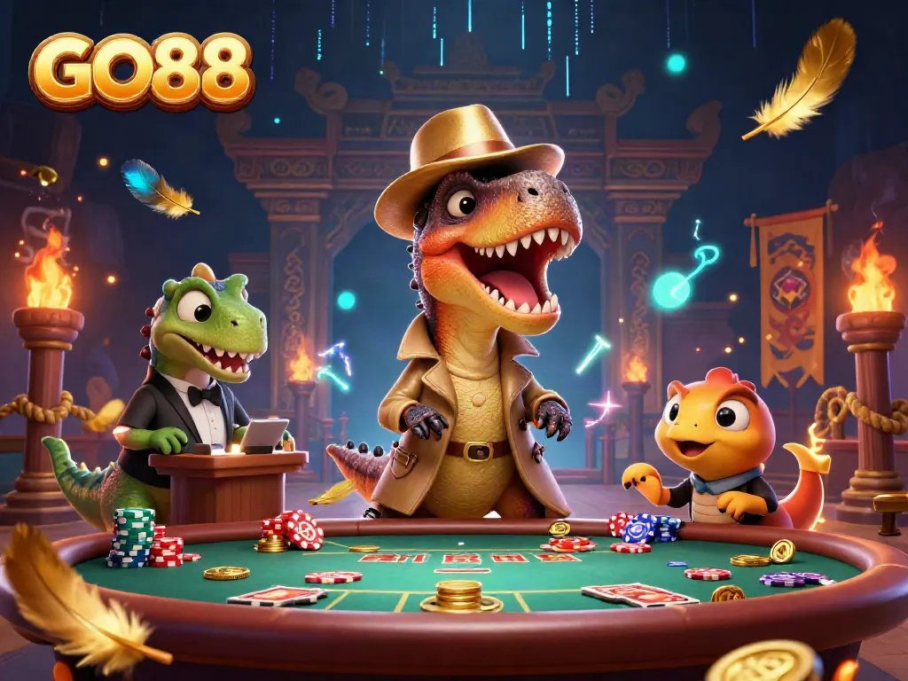 Experience gaming excitement at GO88 with a sneaky velociraptor at a blackjack table.