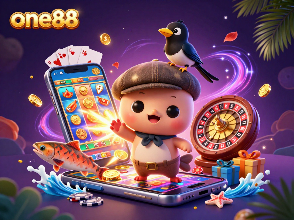 Experience the excitement of one88 with playful characters and vibrant casino elements in a rich, lively scene.