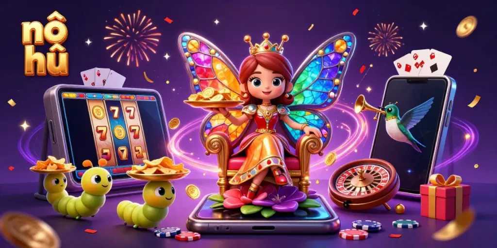 Engage with nổ hũ in an exciting casino illustration featuring a vibrant butterfly queen and gaming elements.