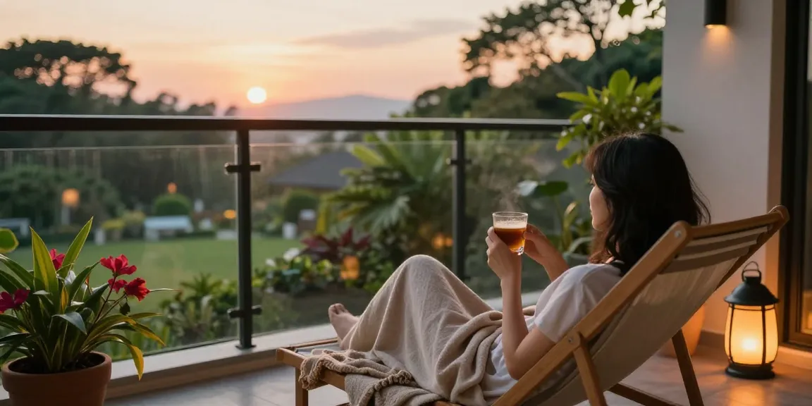 Enjoying a serene moment at ROKOK88 with lush garden views.