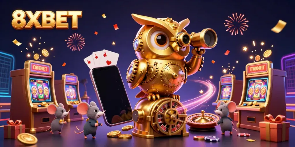 Experience the thrilling world of 8XBET with playful characters in a vibrant casino scene.
