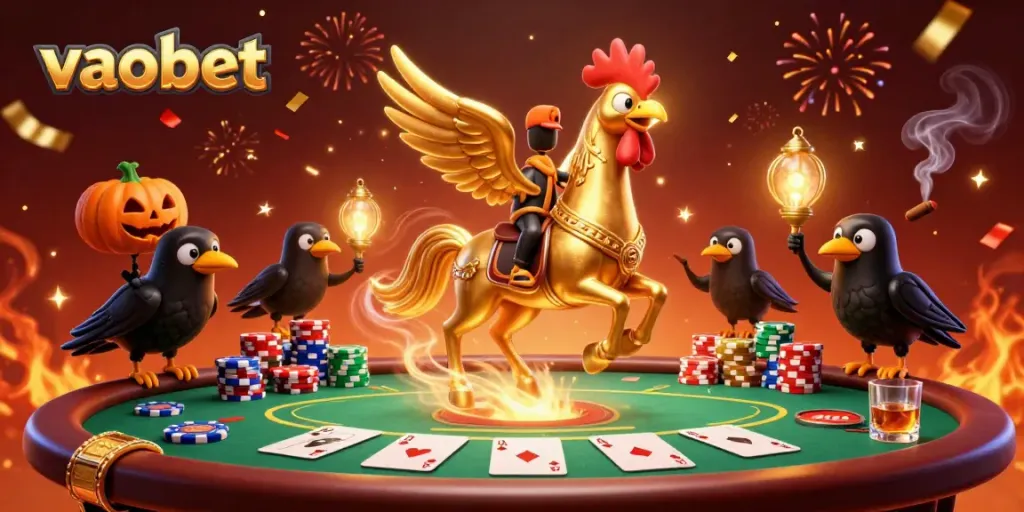 Experience thrilling gaming action at vaobet with a dynamic 3D casino illustration featuring a golden rooster.