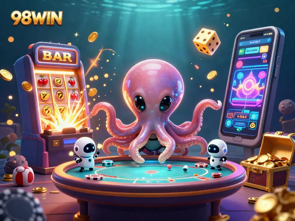 Engage with 98WIN's exciting poker scene featuring an alien octopus in a vibrant casino.