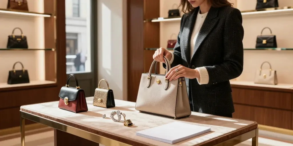 Chic urban scene reflect luxury lifestyle digital magazine vibe with a shopper admiring designer fashion items.