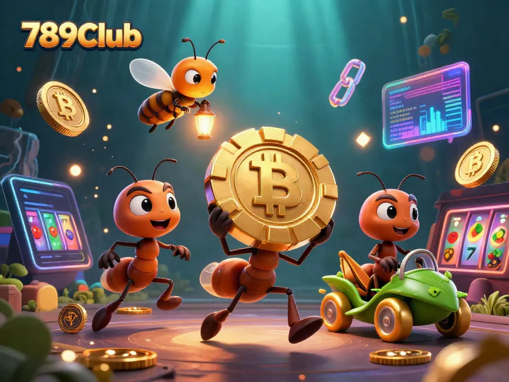 Experience the thrilling adventure of 789Club with ants heisting a giant poker chip in a vibrant casino scene.
