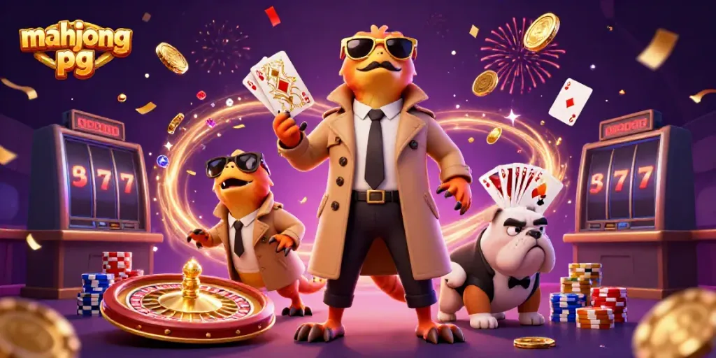 Raptor bermain mahjong di kasino dengan suasana meriah dan hiasan berkilauan.