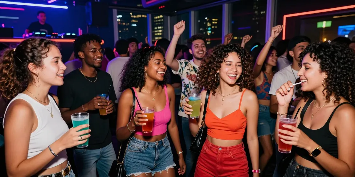 Young adults enjoying a vibrant night out, showcasing Club21id with trendy styles and cocktails in a lively club.