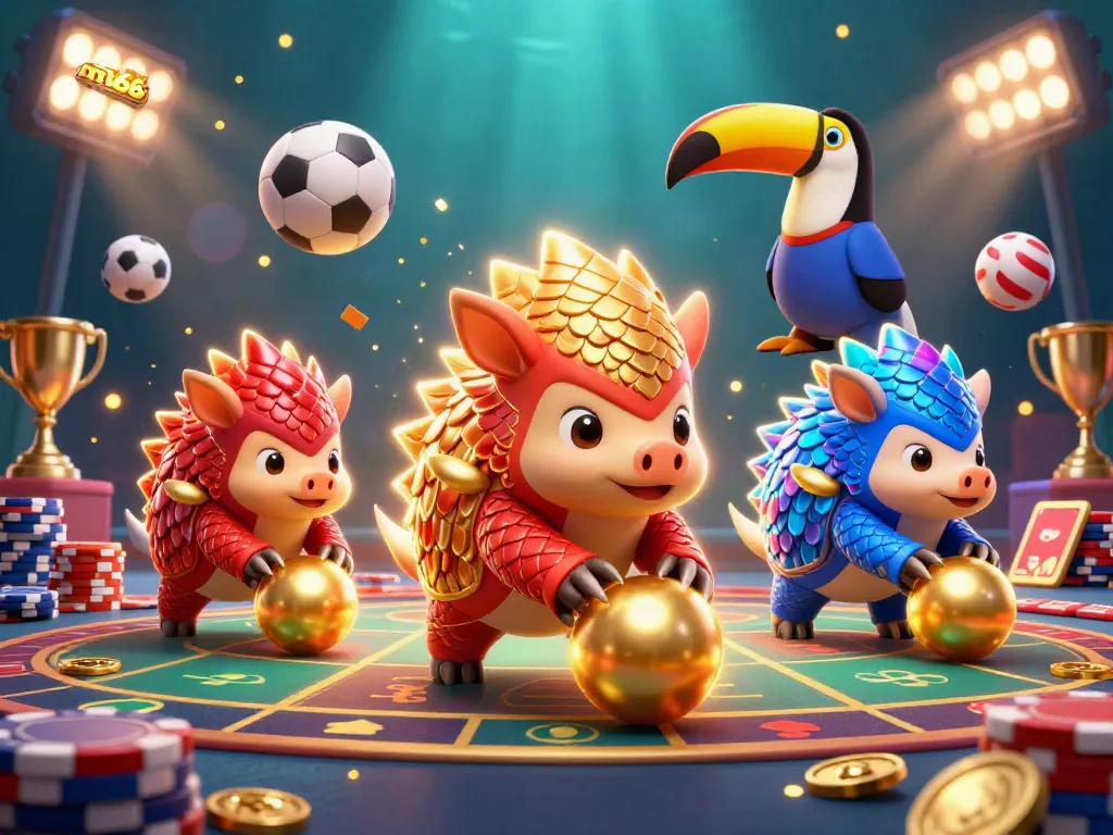 MB66 pangolins competing in a vibrant casino scene with poker chips and dynamic sports elements.