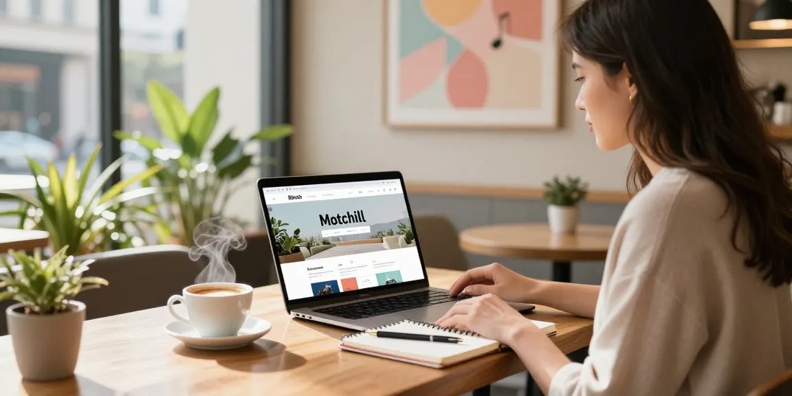 Motchill interface displayed on a laptop in a cozy urban cafe.