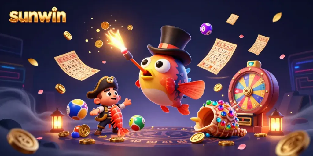 Experience thrilling fun at Sunwin with colorful lottery elements and lively sea creatures in a dynamic casino scene.