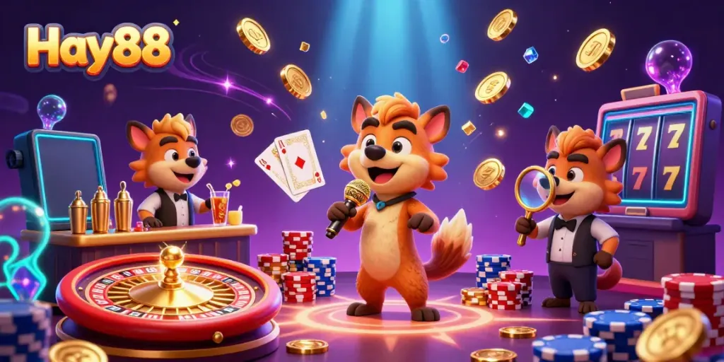 Experience excitement at Hay88 casino with hyenas in a lively comedy setting, coins cascading and games featured.