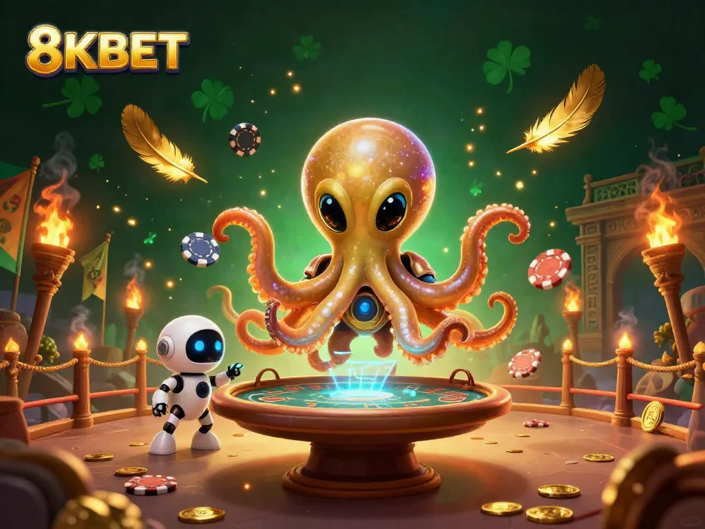 Engage with 8KBET's vibrant online casino, featuring a whimsical alien octopus at a poker table surrounded by cosmic elements.