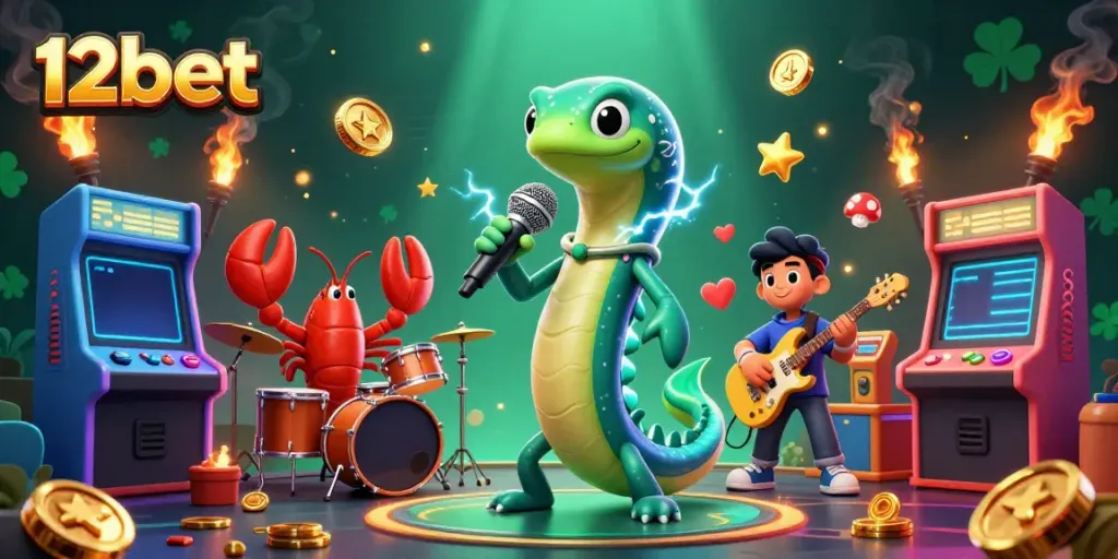 Experience thrilling live action with 12bet in this vibrant casino scene, featuring a charismatic DJ eel and talented musicians.