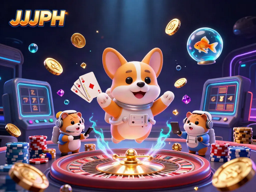 Engage with thrilling games at JJJPH in a vibrant space casino setting with unique characters.