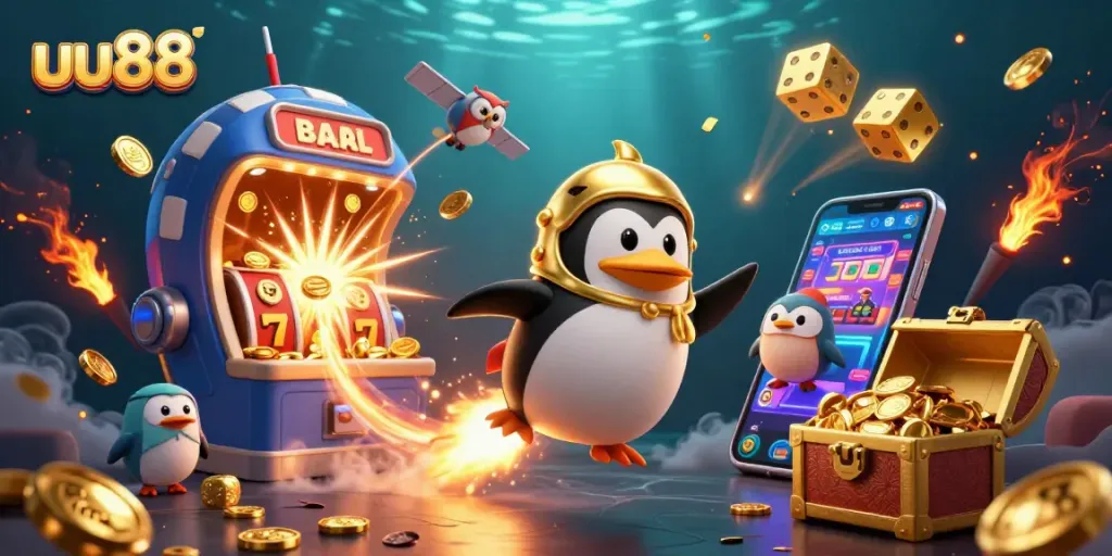 uu88 presents a vibrant 3D illustration of a golden penguin soaring towards a casino space station amidst a flurry of jackpot-related elements.