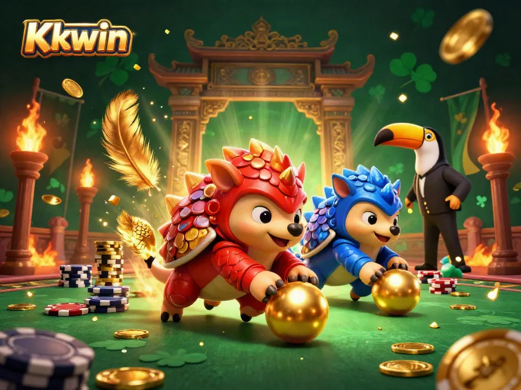 Kkwin pangolins compete in a vibrant casino scene filled with golden coins, poker chips, and immersive effects.