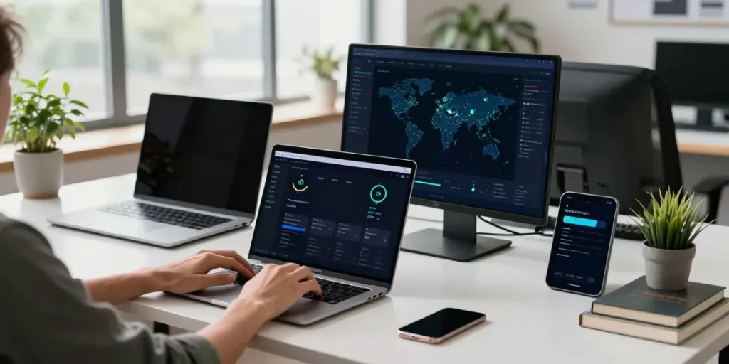 Tech professional using 快连 in a modern workspace with global connectivity displayed.