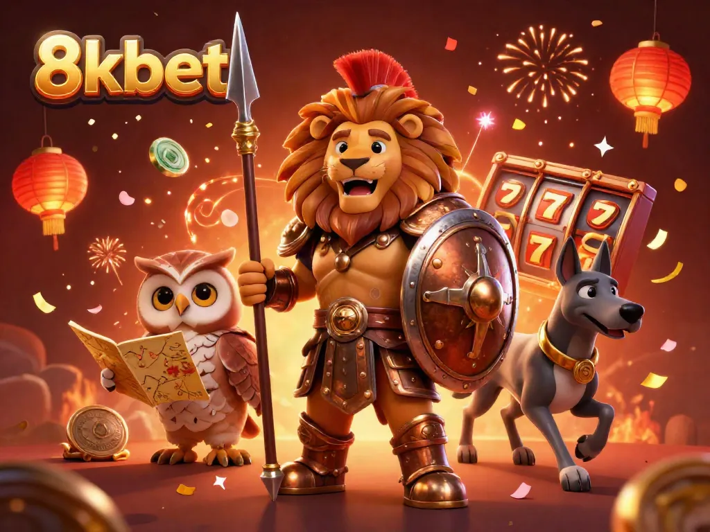 Engage with 8xbet's thrilling slot games in a vibrant 3D casino scene.