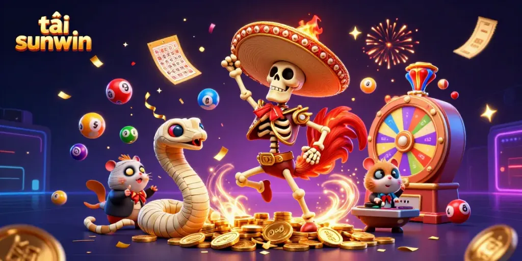 Experience the excitement while tải sunwin with a vibrant, animated casino scene filled with festive characters.
