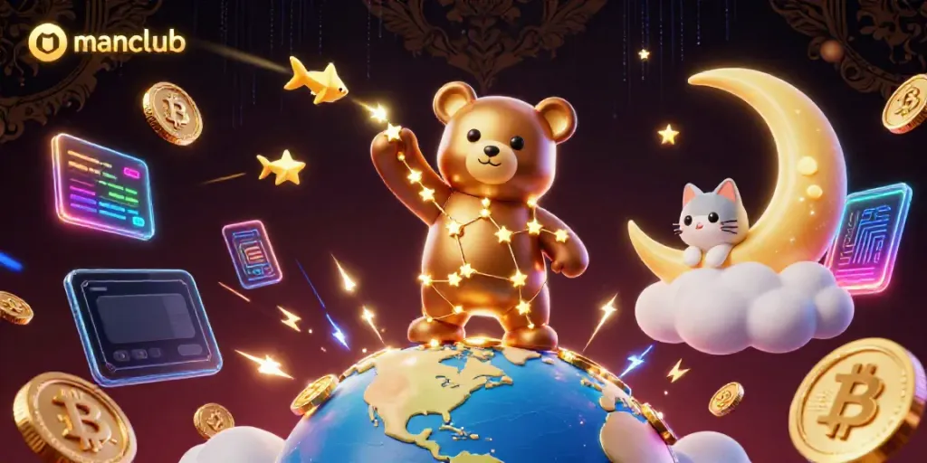 Experience the magic of manclub as a constellation bear collects coins amidst vibrant digital elements in a dazzling casino scene.
