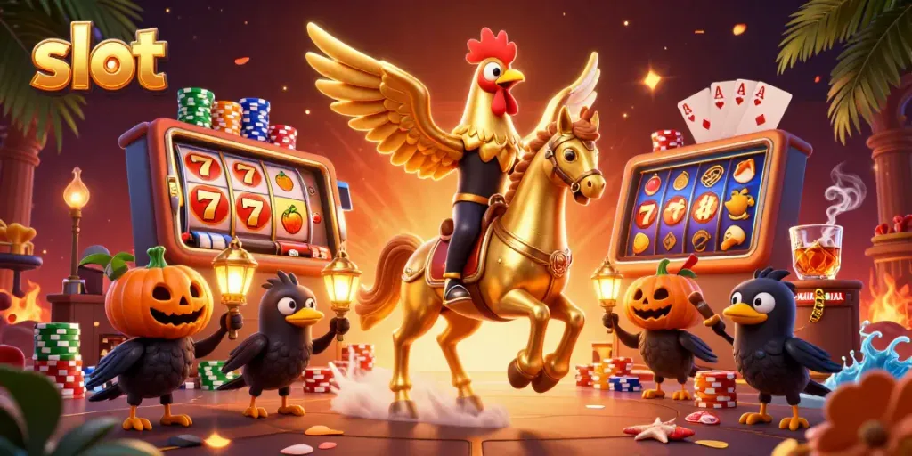 Spin the slots with the golden rooster in a vibrant casino scene packed with action.