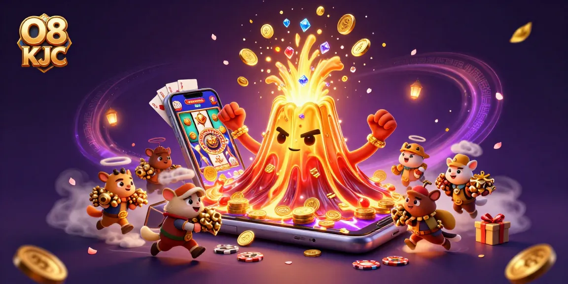 Experience O8 KJC with a vibrant 3D casino scene showcasing a golden volcano and treasures.