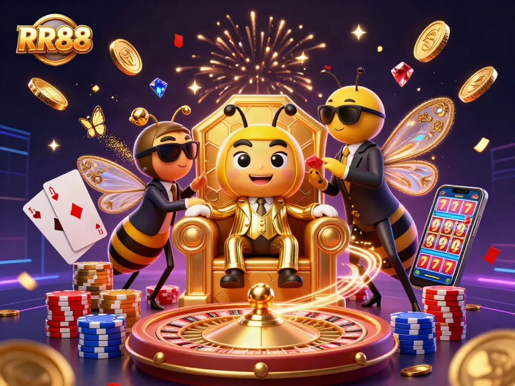 Engage with RR88, featuring a mob boss in a casino scene filled with vibrant gaming elements.