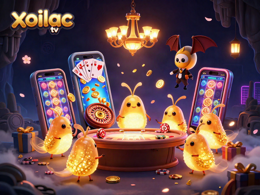 xoilac tv's vibrant cave casino scene with glowing glowworms and casino elements, engaging players