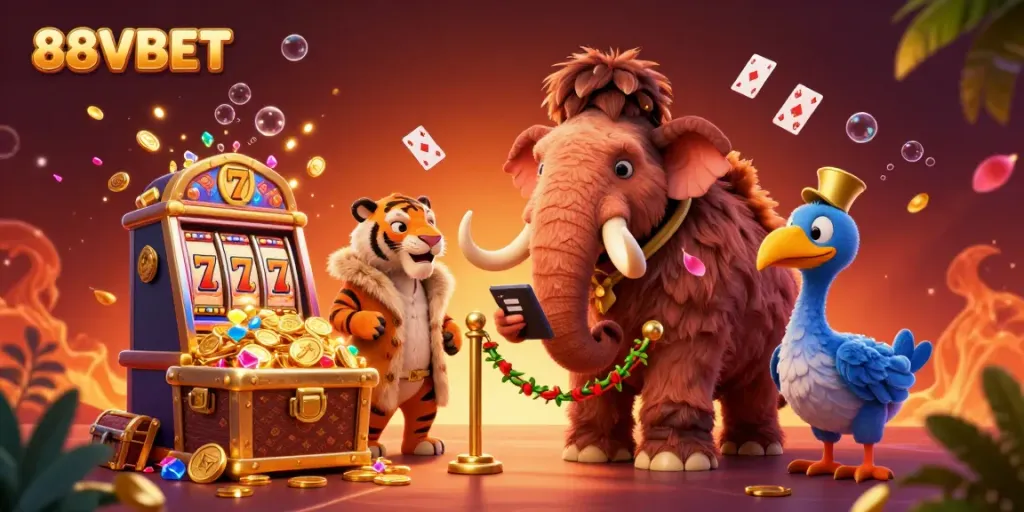 Experience 88VBET's lively casino scene with a woolly mammoth checking IDs, enhancing your gaming adventure.
