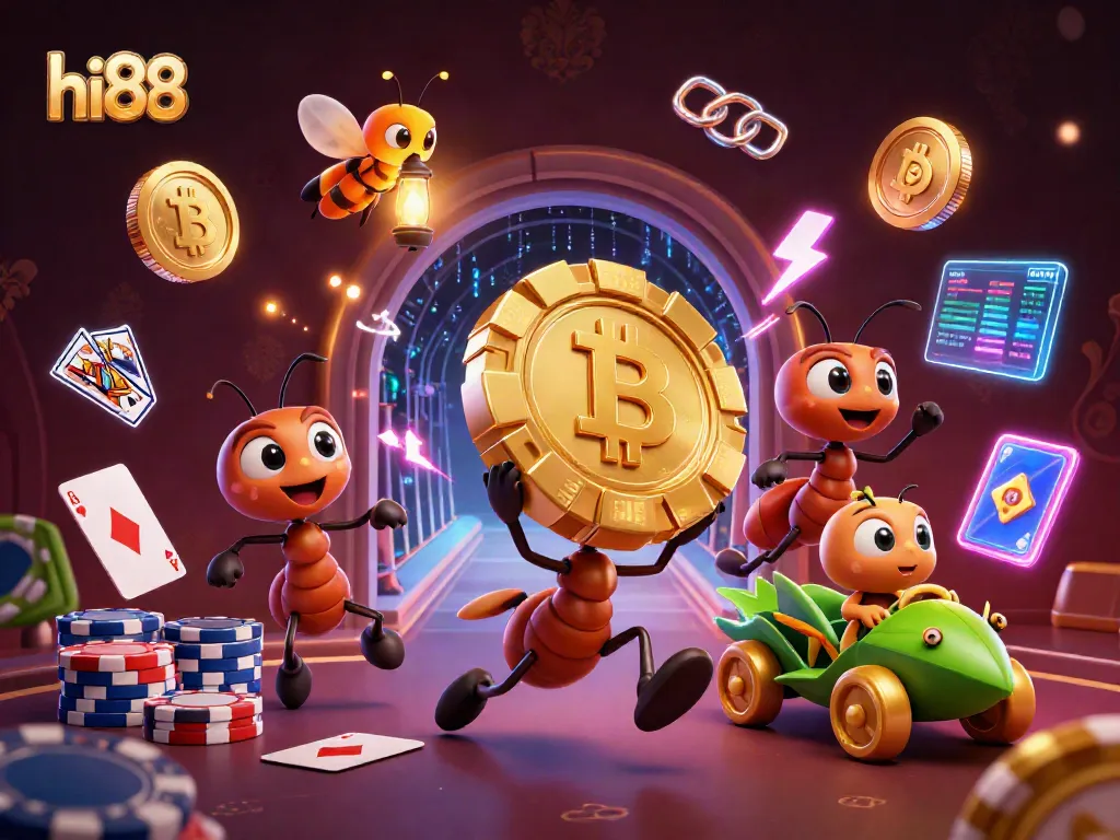 hi88 team of ants heisting a giant poker chip amid casino elements, exciting digital illustration