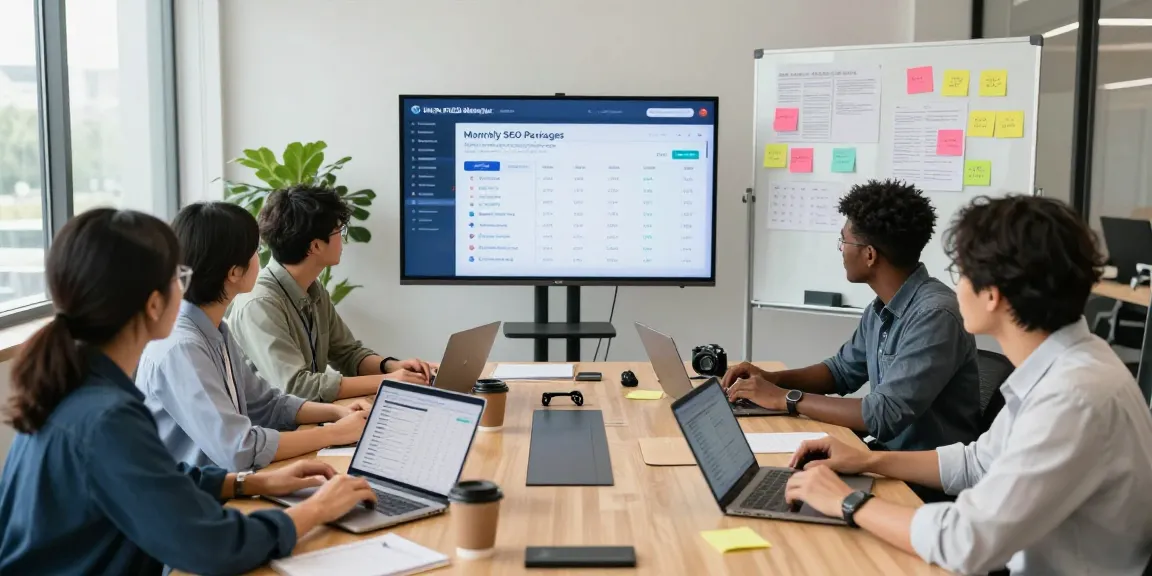 Team analyzing Monthly SEO packages in a modern office, showcasing data-driven strategies.