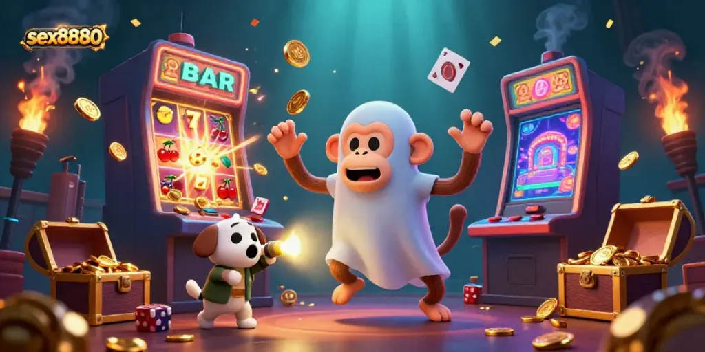 Experience thrilling moments with the playful poltergeist monkey and ghost-hunter puppy in sex8880's vibrant casino.