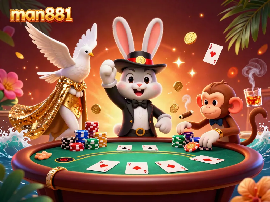 Experience thrilling gameplay with man881 featuring a magician rabbit, dove, and playful monkey at the poker table.