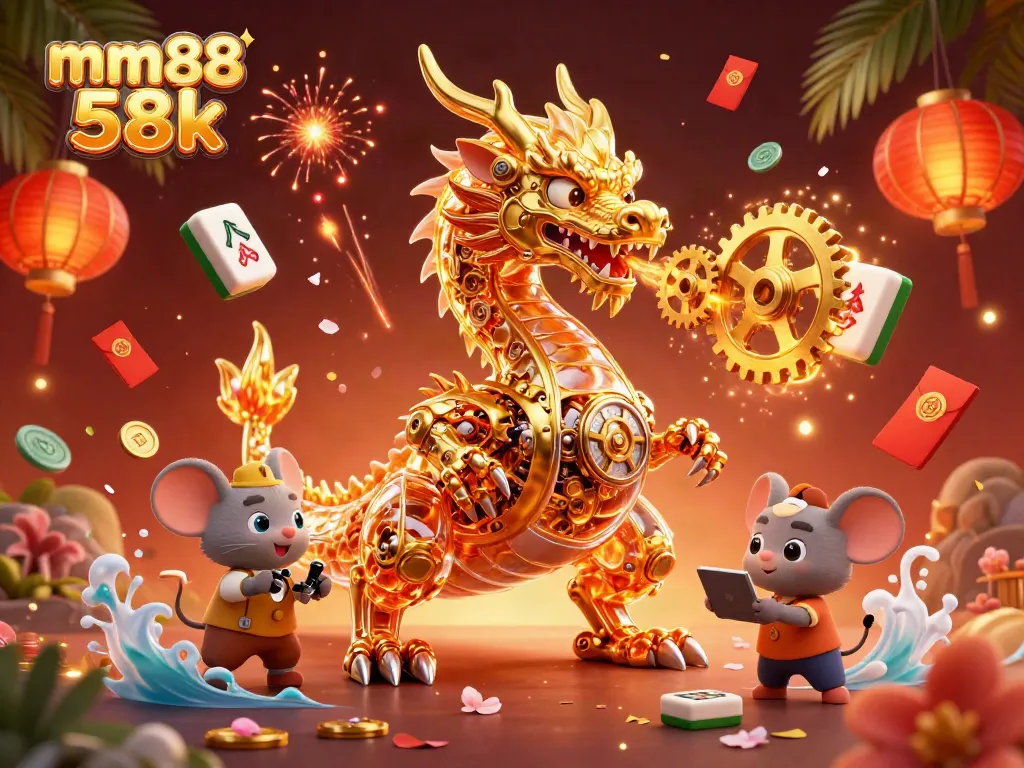 Experience luck at mm88 58k with a vibrant scene featuring a golden dragon and festive casino elements.