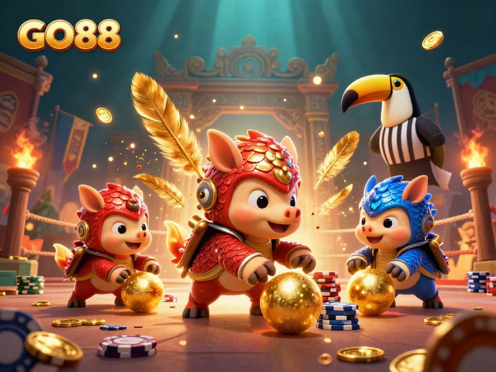 Witness intense GO88 competition as rival pangolins battle in a colorful casino-themed arena.