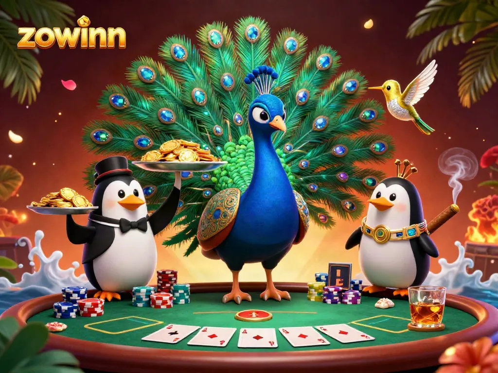 Experience the vibrant world of zowinn as colorful characters celebrate their poker victories amidst dazzling casino elements.