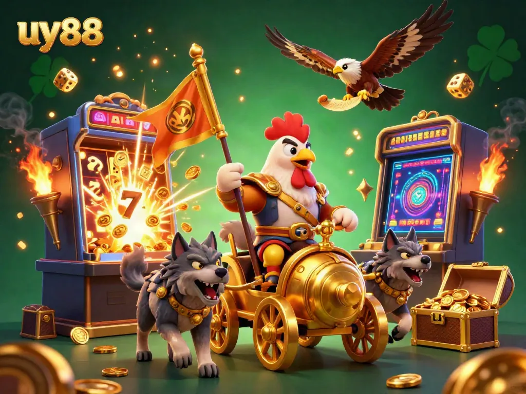 Spin the reels at uy88 with a vibrant 3D casino scene bursting with jackpots and festive excitement.