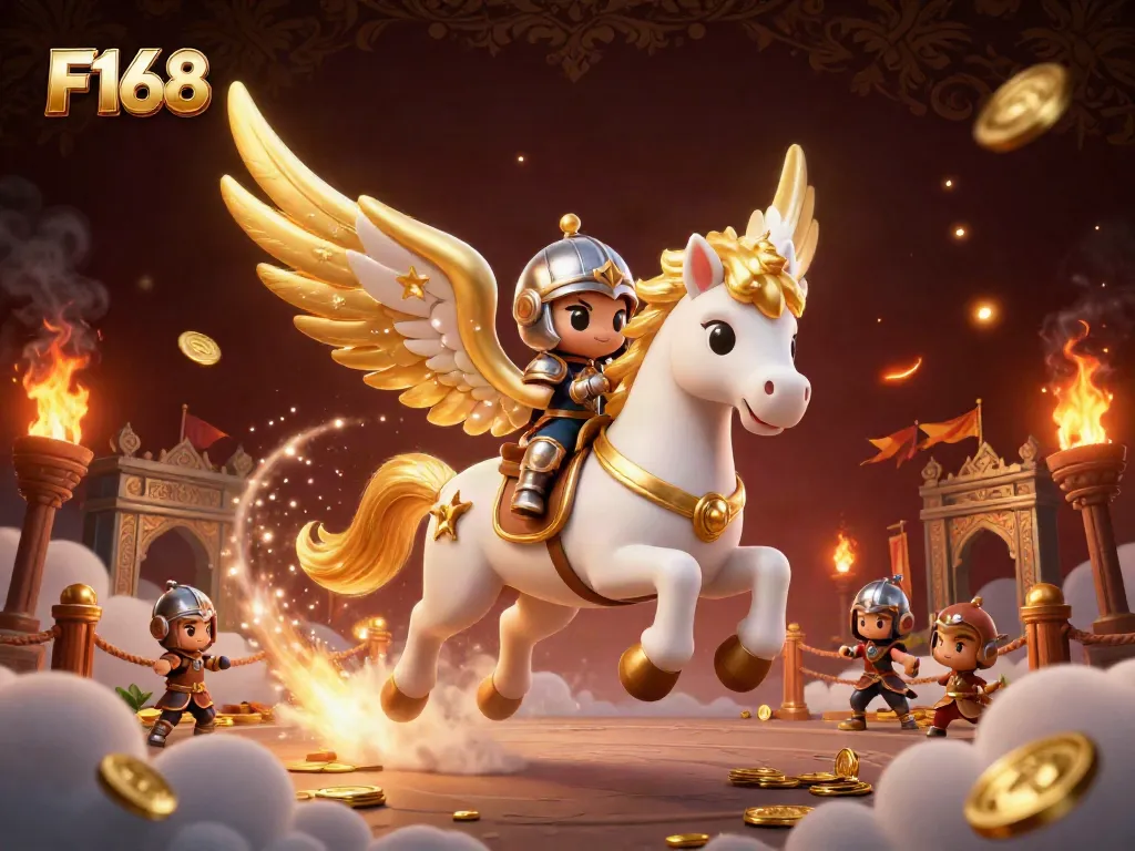 Experience thrilling adventures at F168, featuring an enchanted horse, knight, and captivating casino elements.