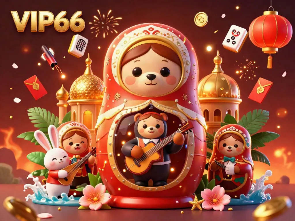 Experience the vibrant scene of VIP66 with cartoon characters celebrating casino games amidst colorful decorations.