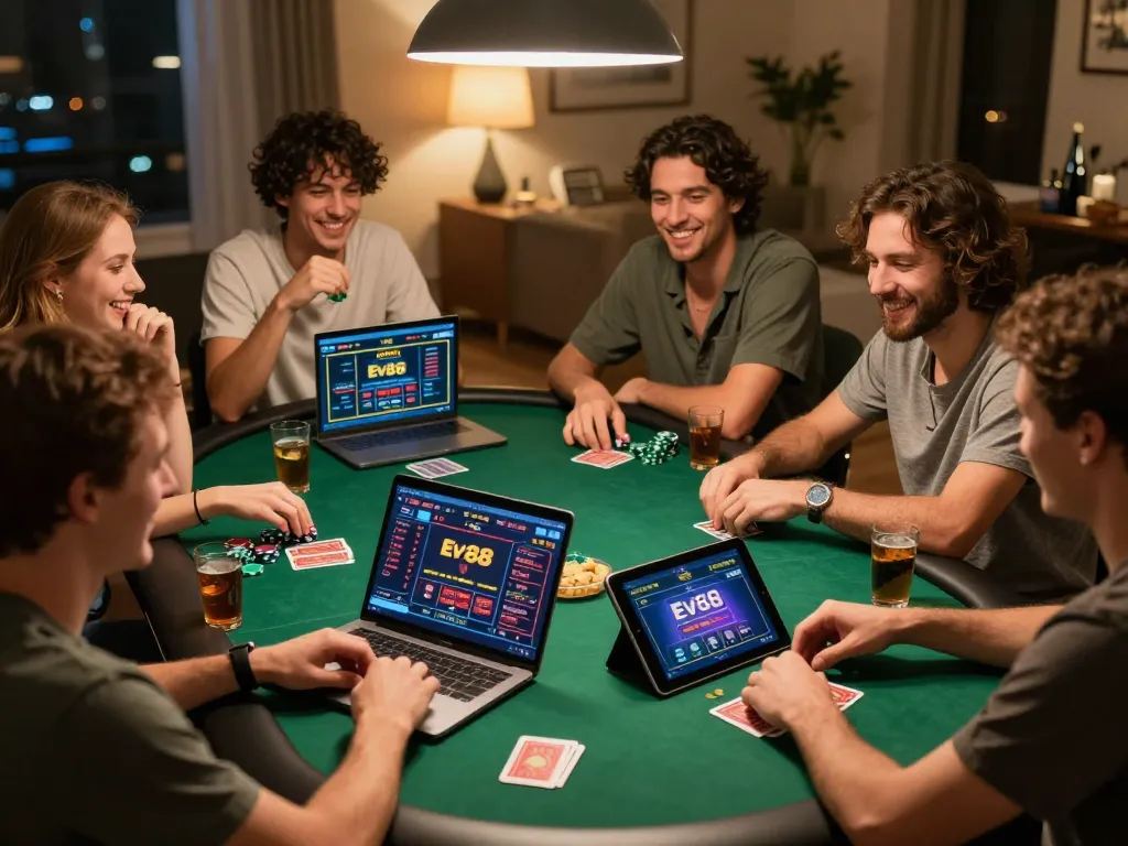 Friends enjoying competitive online poker at home through Ev88 platform, showcasing excitement and strategy