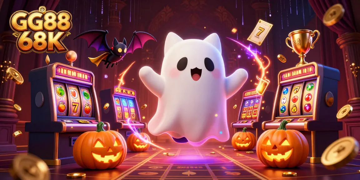 Engage in thrilling gaming at GG88 68K with a lively ghost cat and a bat companion in a casino scene.