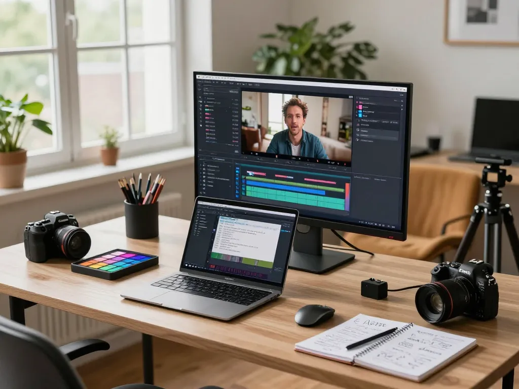 Professional workspace using video to prompt technology with videographer analyzing footage on a high-res monitor.