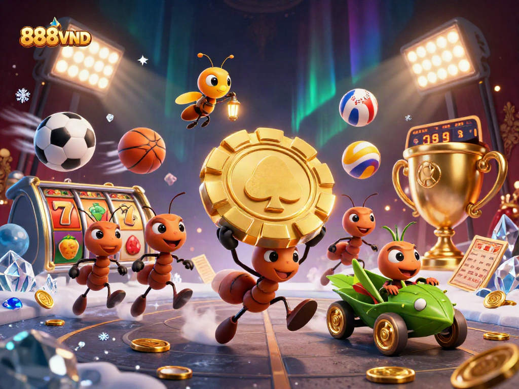 Experience the excitement of 888VND in a dynamic heist scene with ants and casino elements!