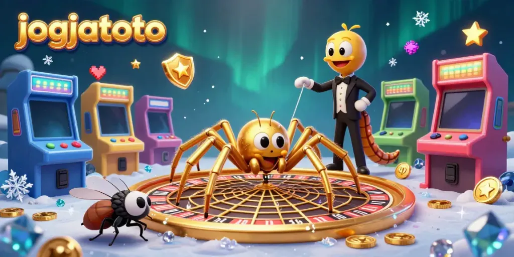 Engage with jogjatoto as a golden spider spins a roulette web while bets are placed, in a vibrant casino scene.