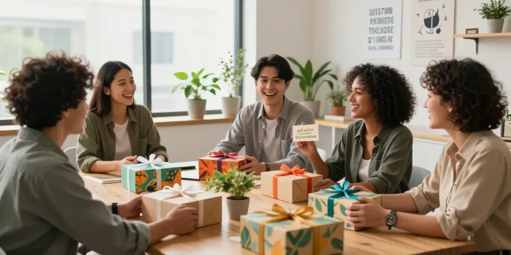 Celebration of employee gift boxes showcasing appreciation in a vibrant office environment.