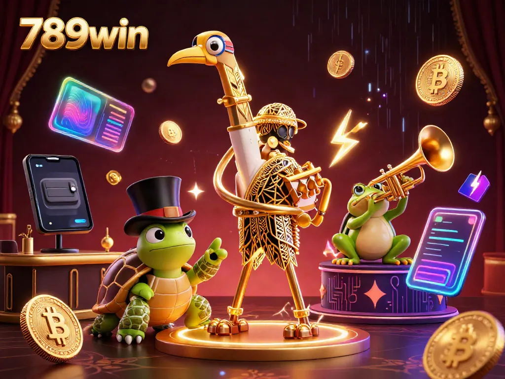 Experience the lively 789win casino scene with a cartoon crane, turtle, and frog amidst crypto elements.