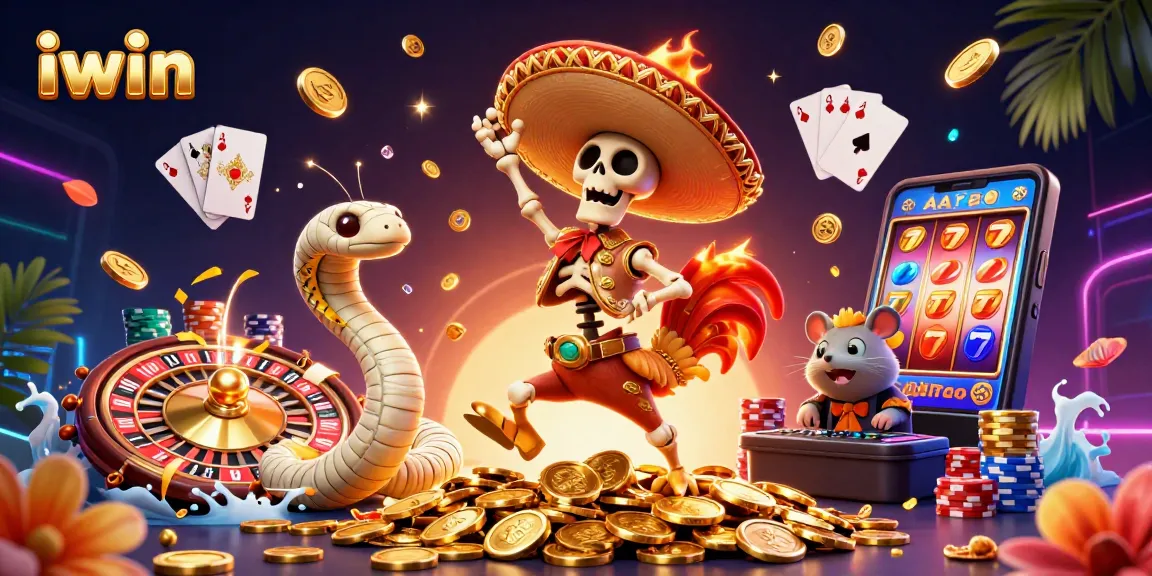 iwin celebrates with a victory dance amidst casino riches and colorful gaming elements