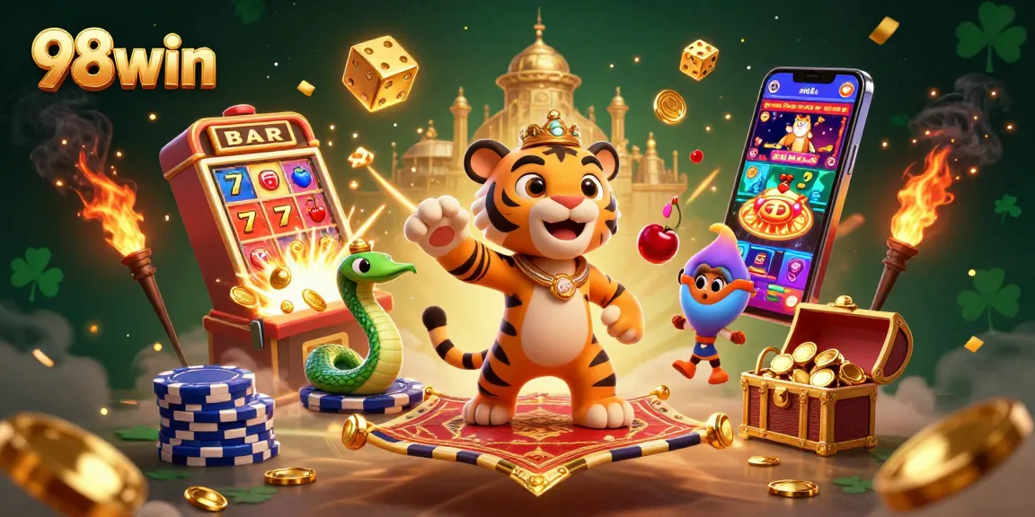 Engage in thrilling gaming action at 98win, featuring vibrant slot machines and casino elements.