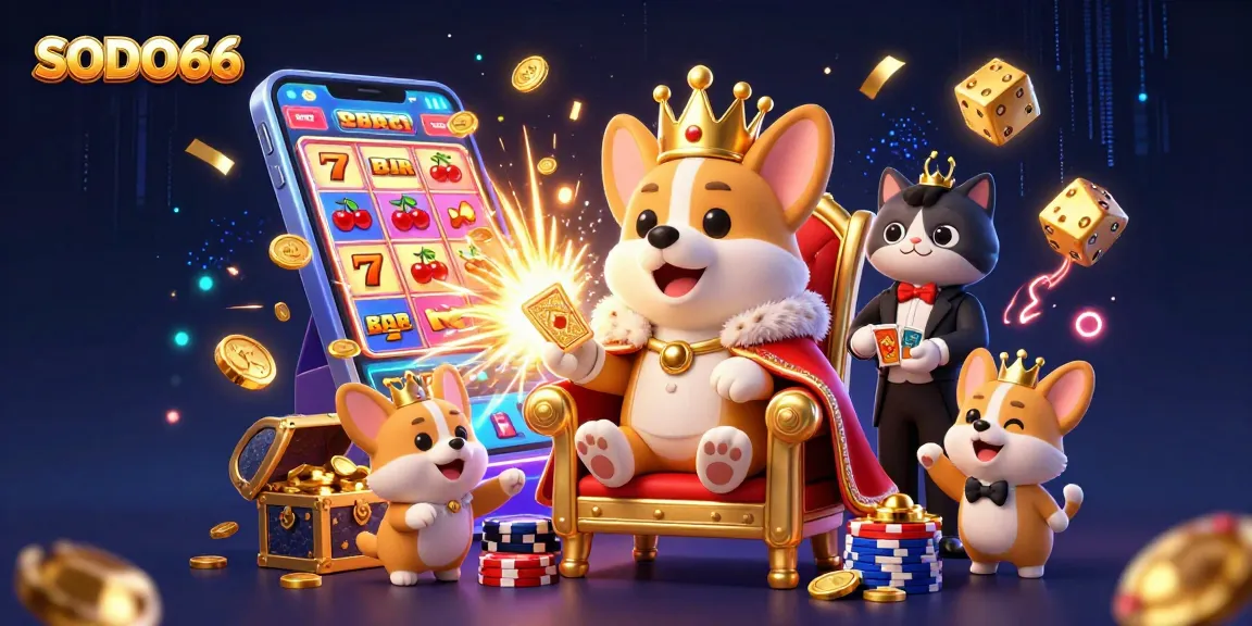 SODO66 captivates players with a lively 3D casino scene featuring a royal corgi and a cat butler amid jubilant gaming action.
